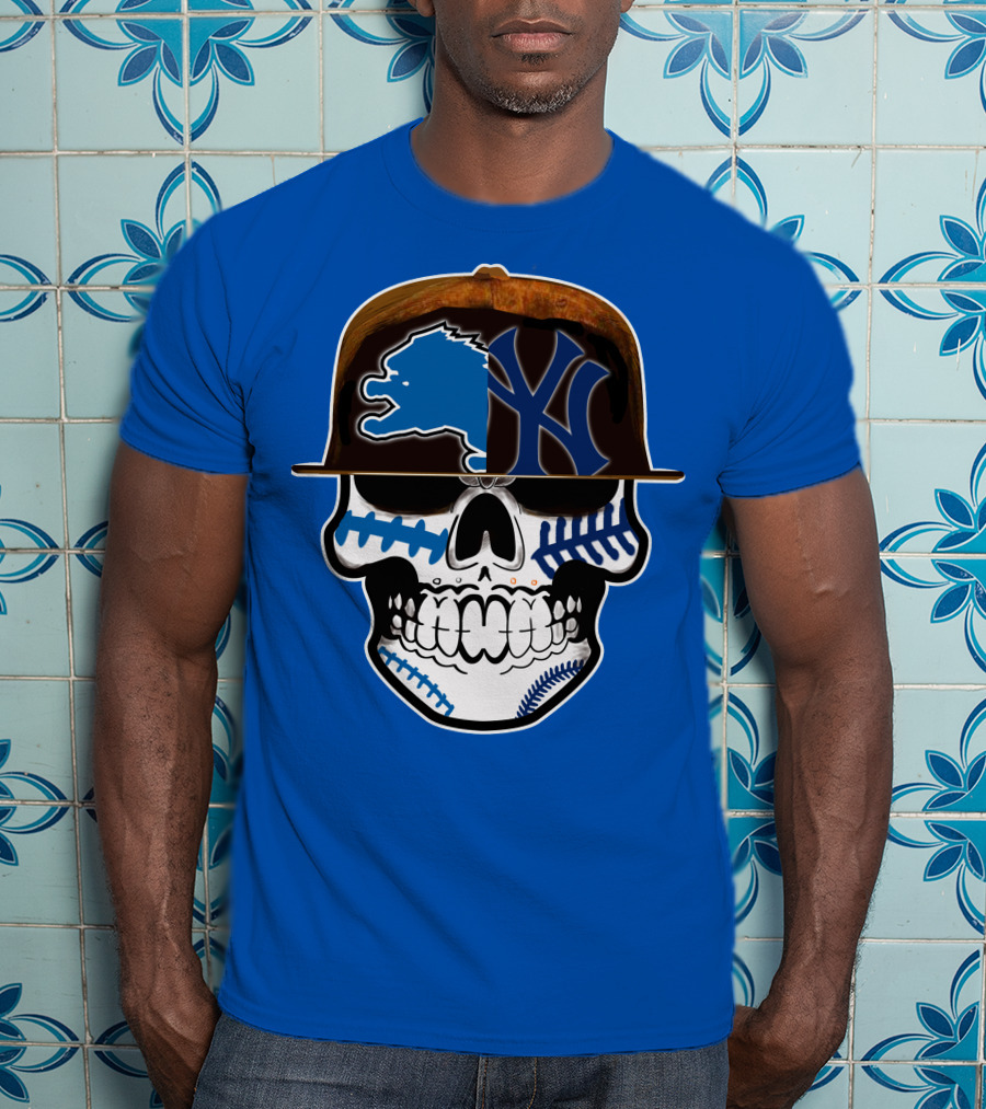 Detroit Lions Yankees Skull Blue Baseball Hat 74 T-Shirt