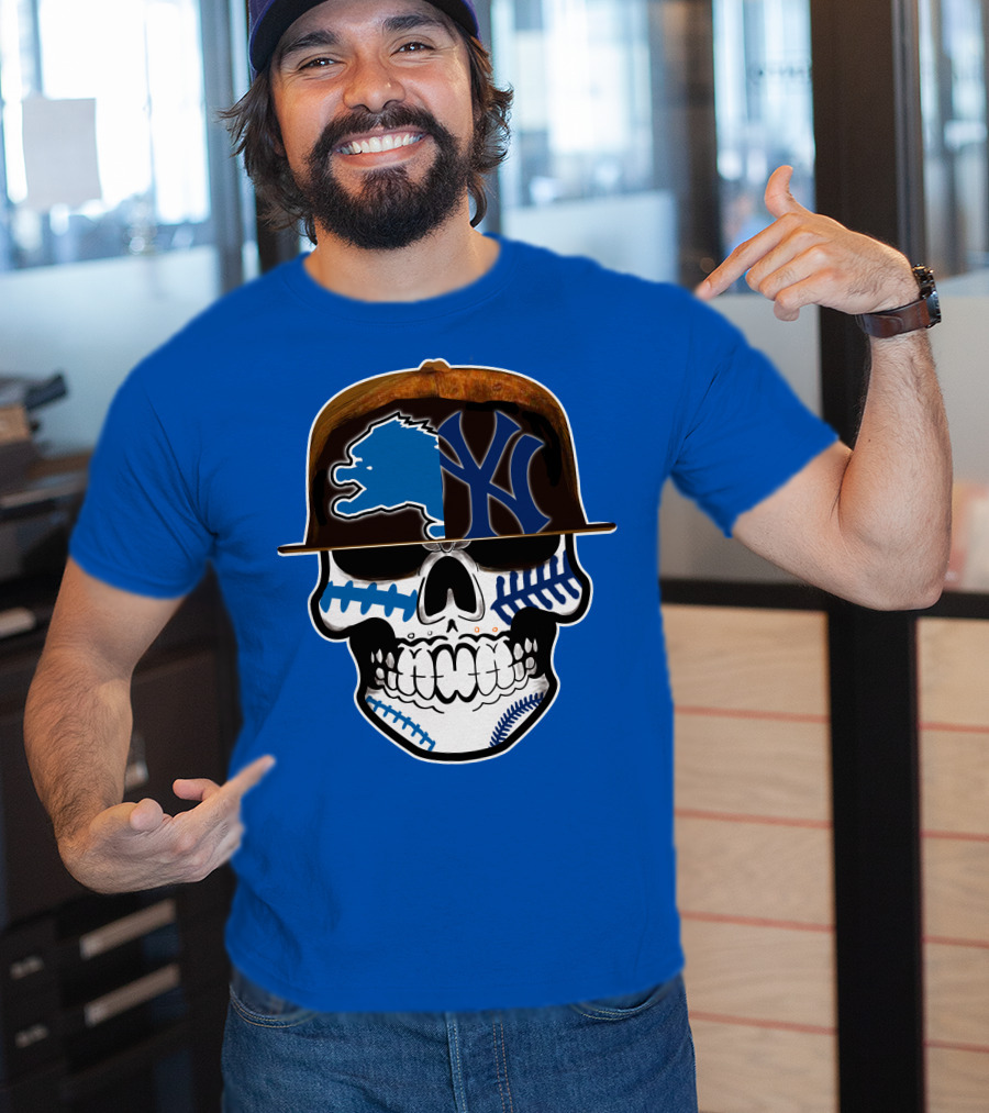 Detroit Lions Yankees Skull Blue Baseball Hat 74 T-Shirt