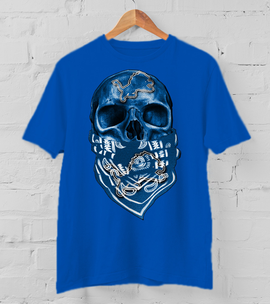 Detroit Lions Skull Bandana Blue T-Shirt