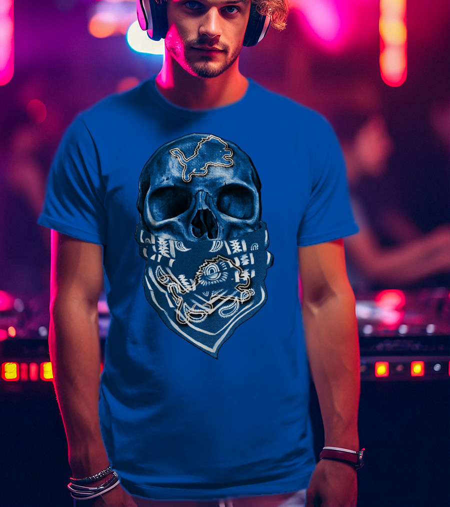 Detroit Lions Skull Bandana Blue T-Shirt