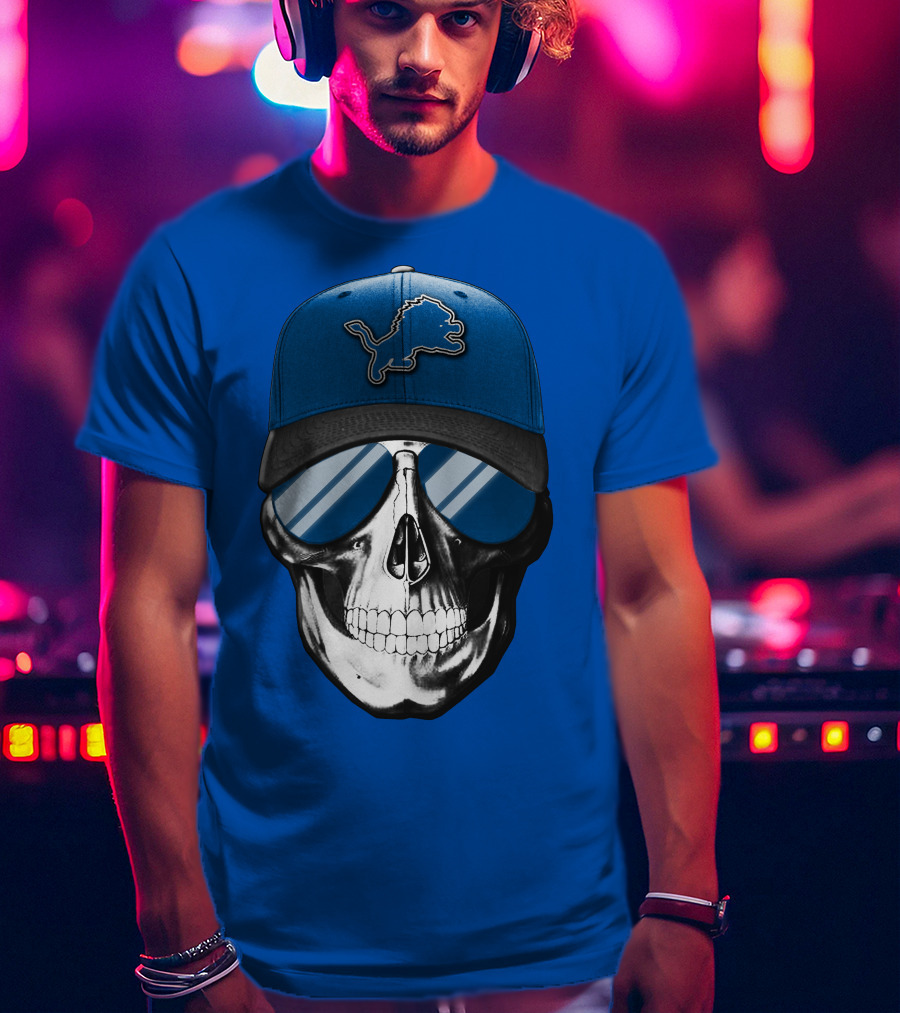 Skull Wearing Detroit Lions Cap With Reflective Sunglasses T-Shirt