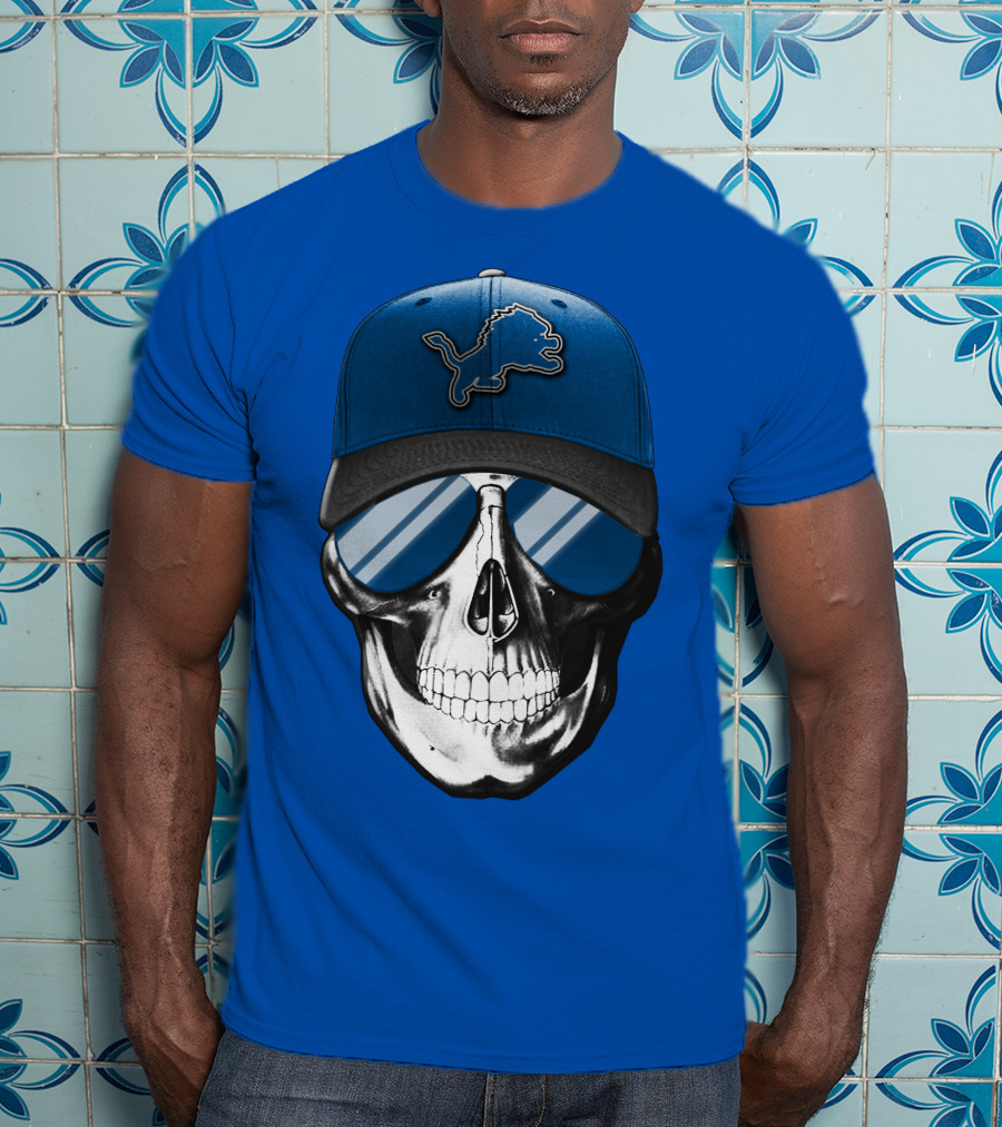 Skull Wearing Detroit Lions Cap With Reflective Sunglasses T-Shirt