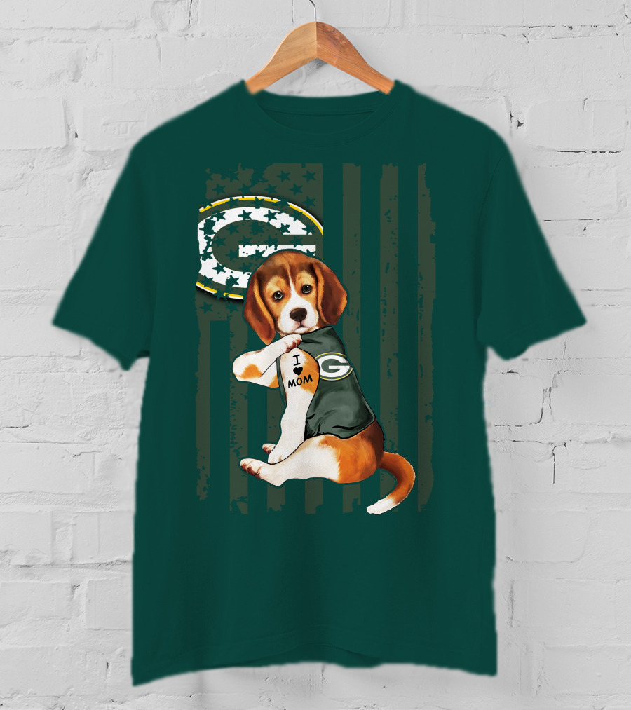 Beagle Wearing Green Bay Packers Jersey With I Love Mom Tattoo T-Shirt