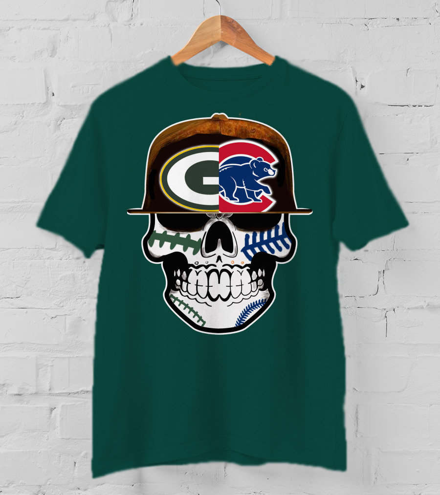Green Bay Packers Chicago Cubs Skull Hat T-Shirt