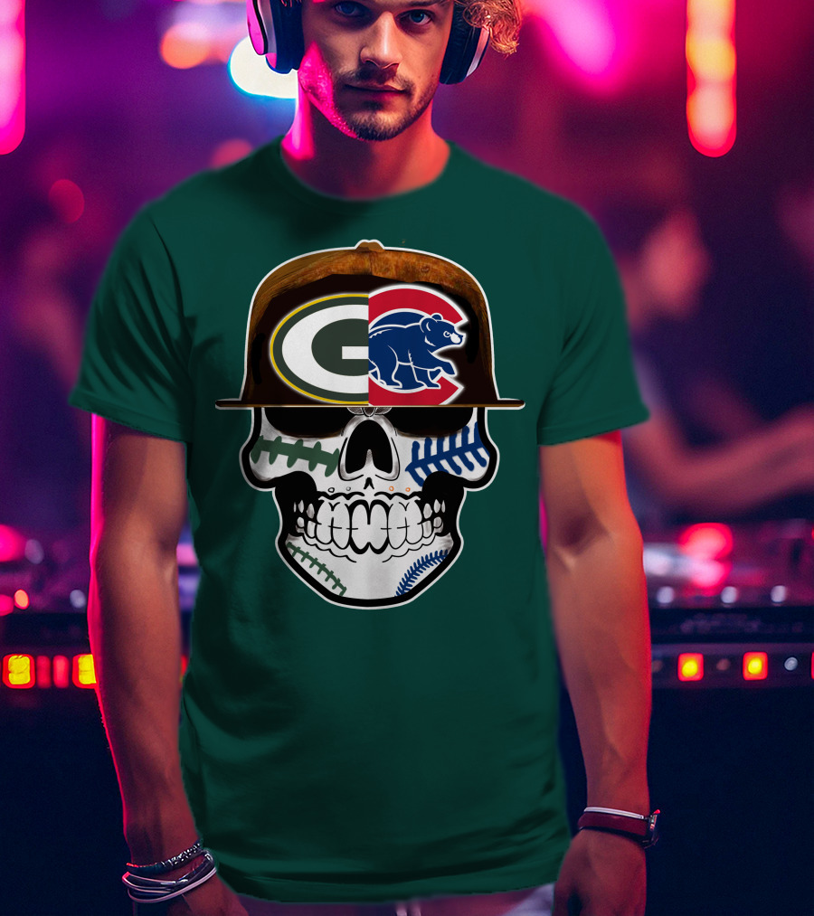 Green Bay Packers Chicago Cubs Skull Hat T-Shirt