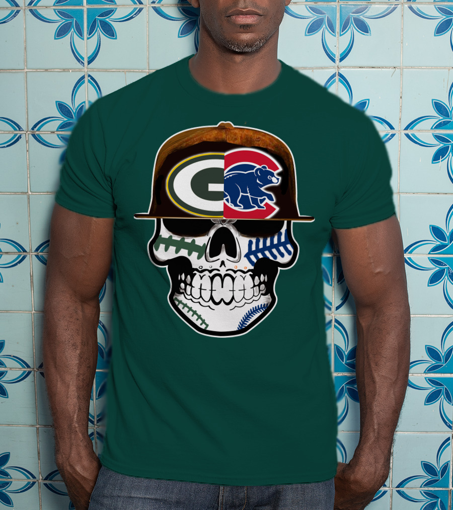 Green Bay Packers Chicago Cubs Skull Hat T-Shirt