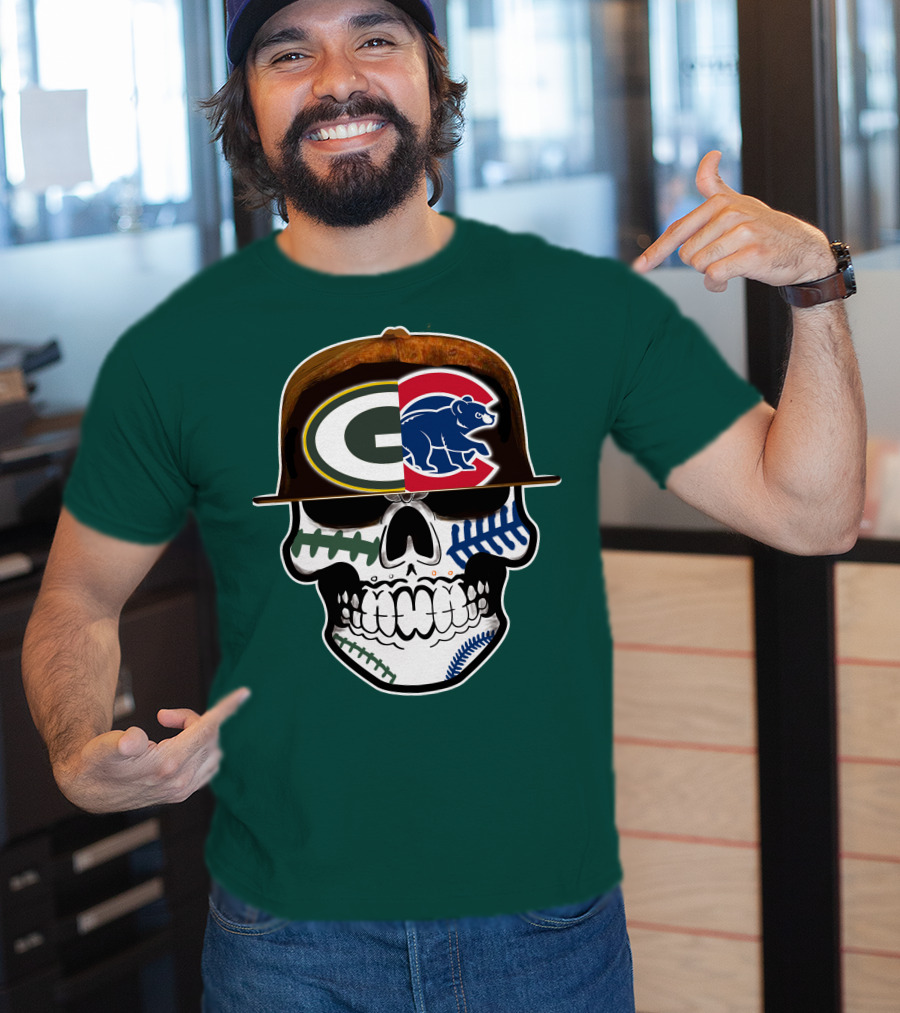 Green Bay Packers Chicago Cubs Skull Hat T-Shirt