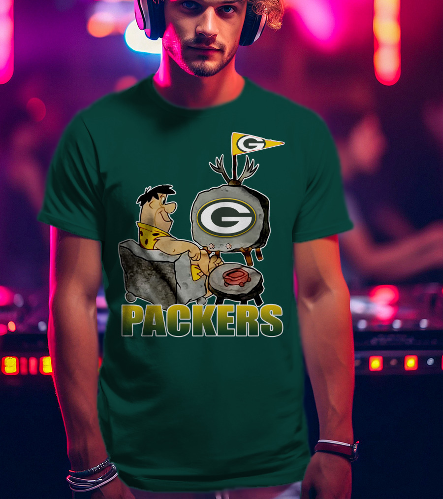 Packers Fred Flintstone Watching Tv With Green Bay T-Shirt