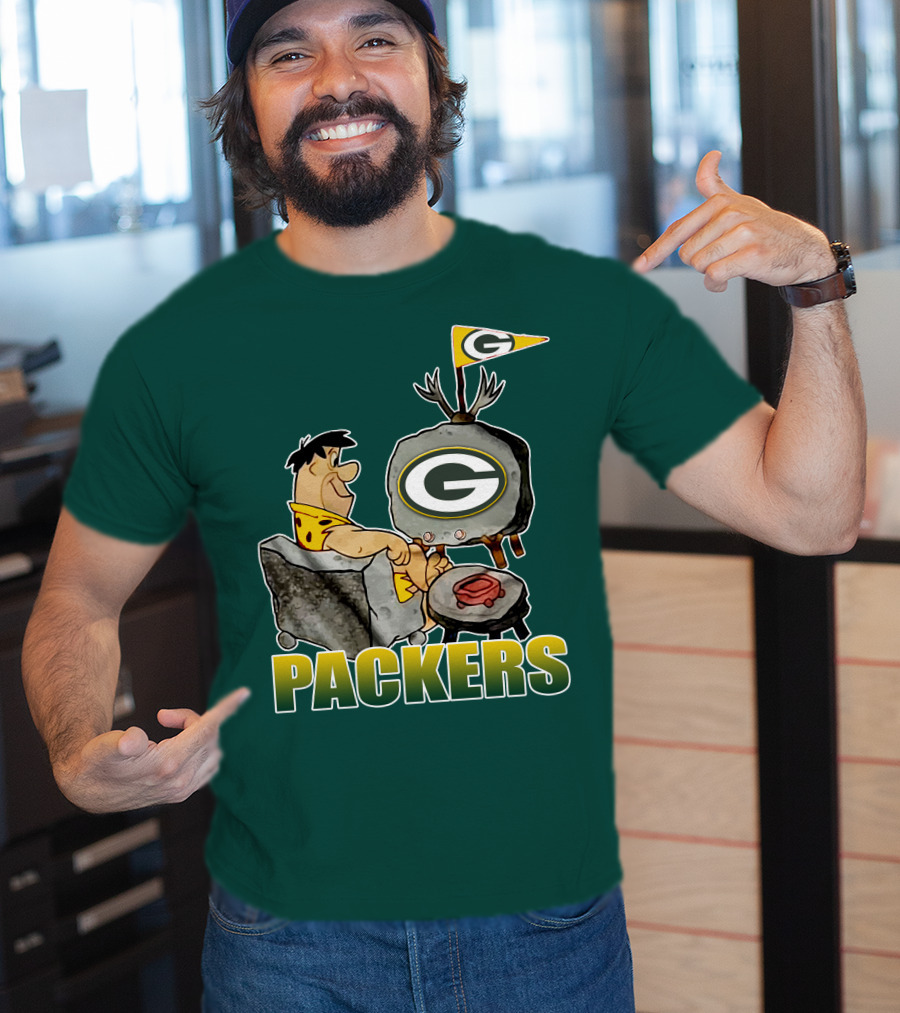 Packers Fred Flintstone Watching Tv With Green Bay T-Shirt