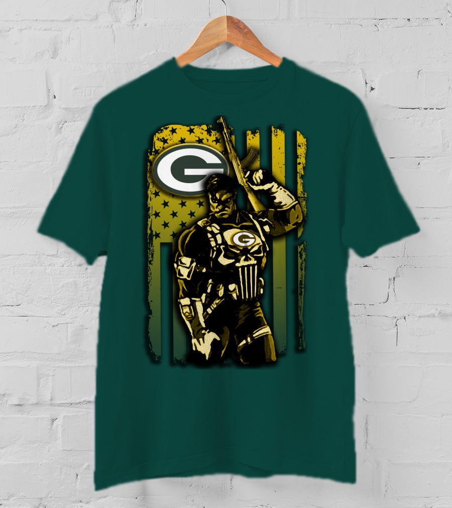 Green Bay Packers Soldier With Rifle And American Flag T-Shirt