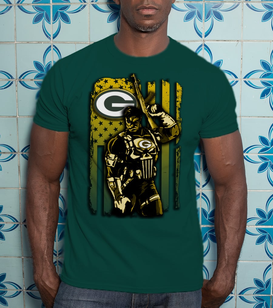 Green Bay Packers Soldier With Rifle And American Flag T-Shirt