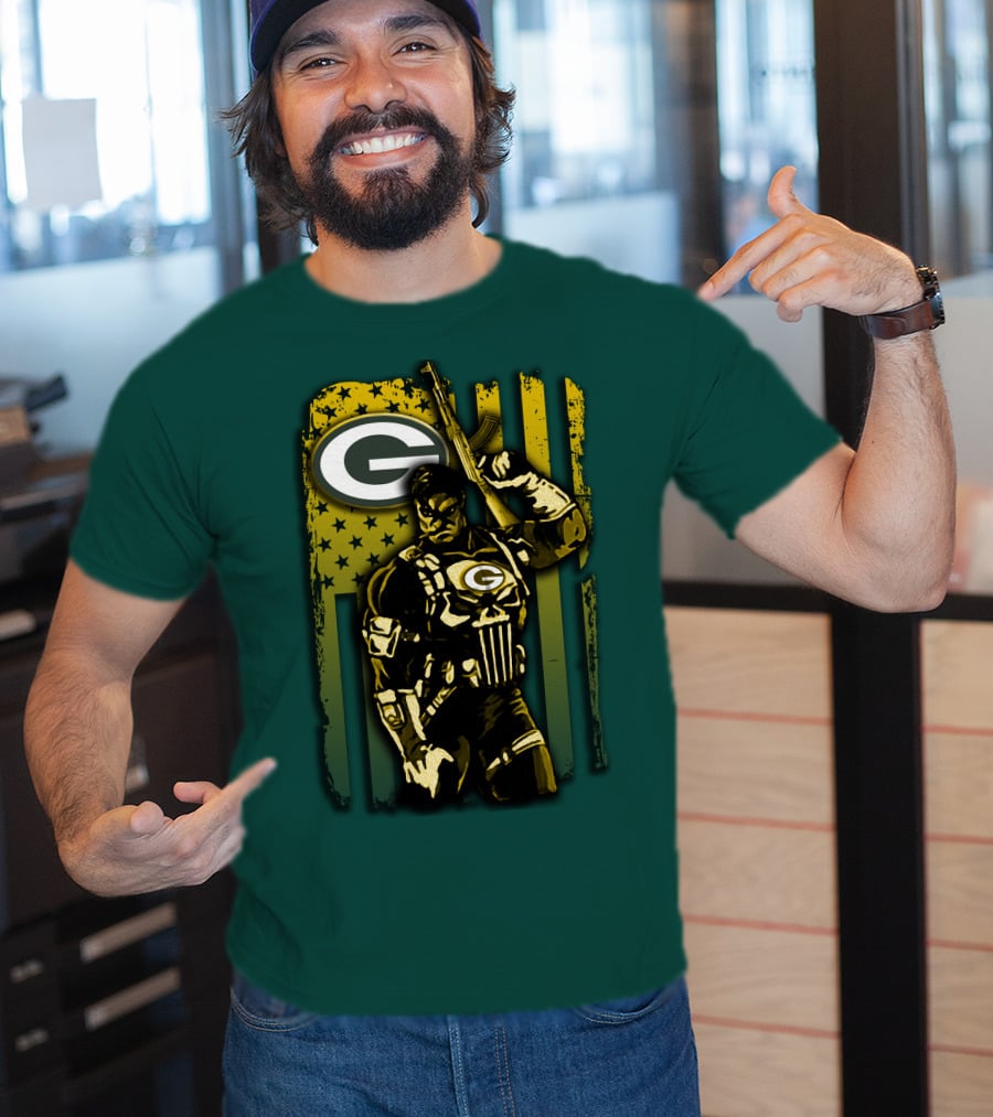 Green Bay Packers Soldier With Rifle And American Flag T-Shirt