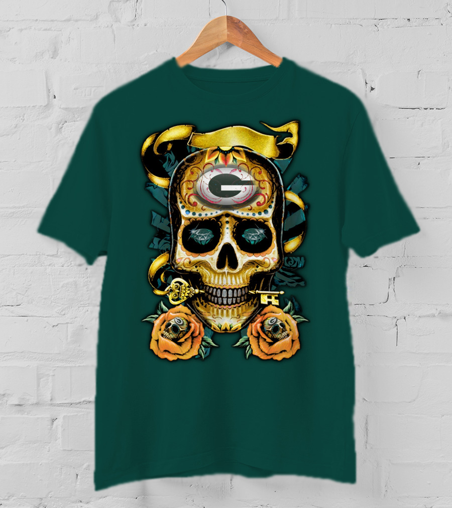 Green Bay Packers Sugar Skull Gothic Design With Floral And Key Elements T-Shirt