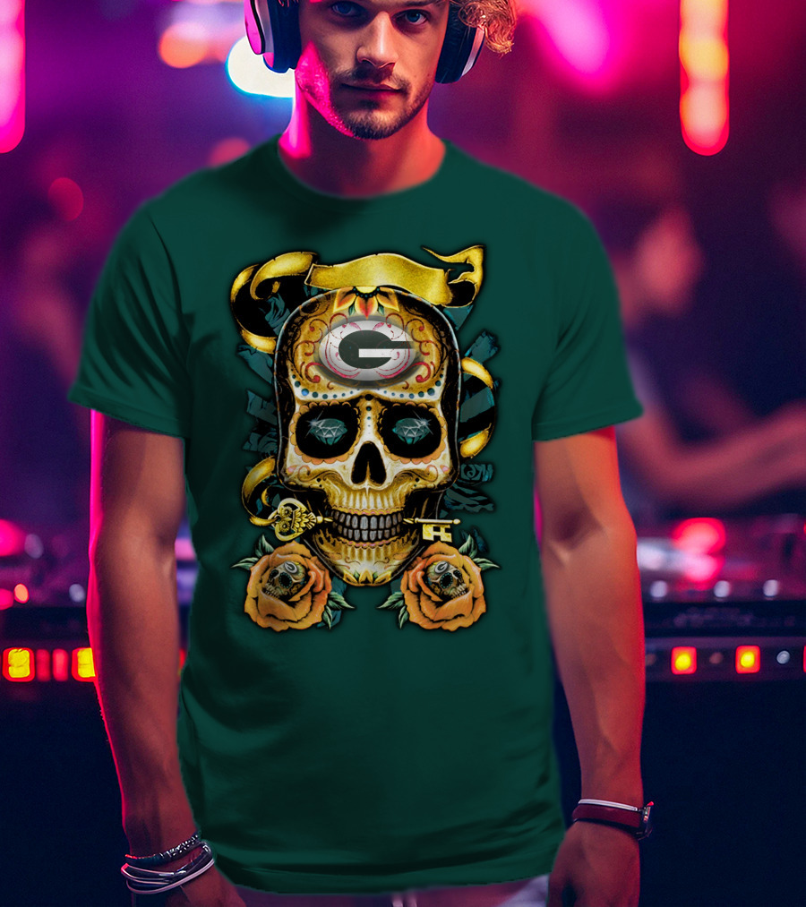Green Bay Packers Sugar Skull Gothic Design With Floral And Key Elements T-Shirt