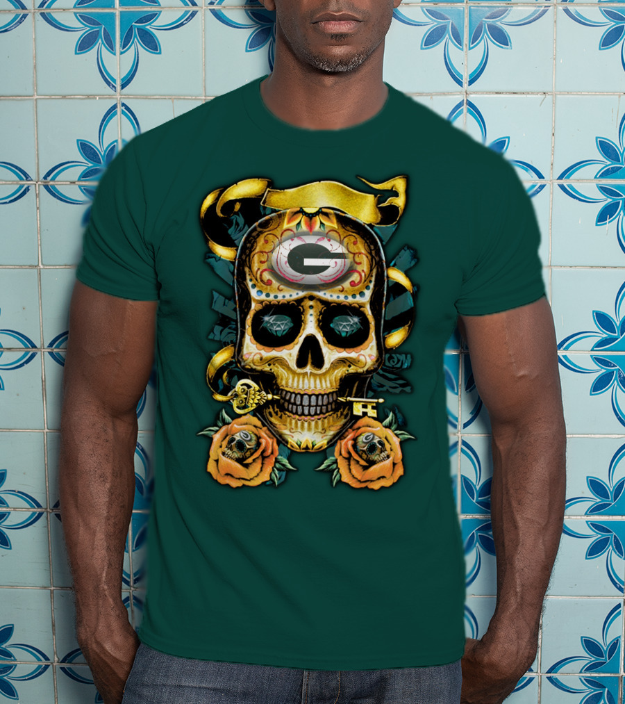 Green Bay Packers Sugar Skull Gothic Design With Floral And Key Elements T-Shirt