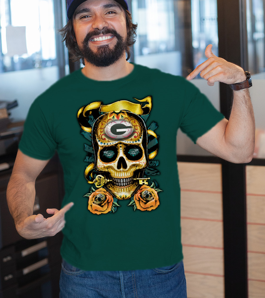 Green Bay Packers Sugar Skull Gothic Design With Floral And Key Elements T-Shirt