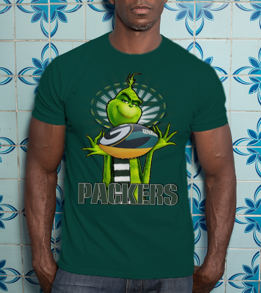 Grinch Holding Green Bay Packers Wilson Football T-Shirt