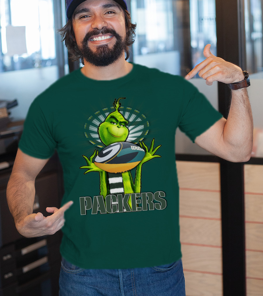 Grinch Holding Green Bay Packers Wilson Football T-Shirt
