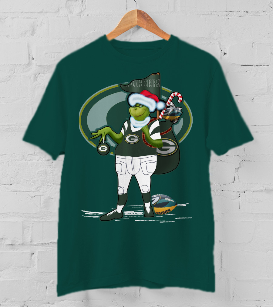 Grinch Green Bay Packers Christmas Santa Hat Football Candy Cane T-Shirt