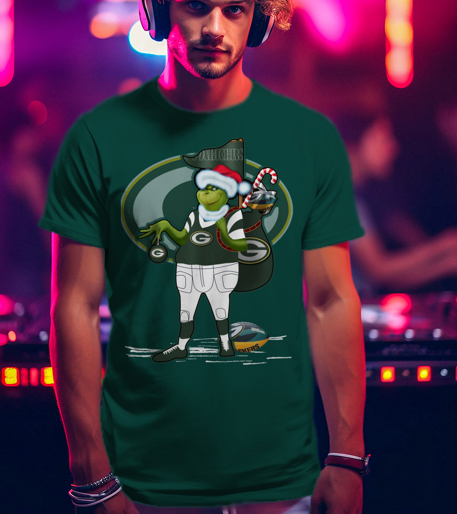 Grinch Green Bay Packers Christmas Santa Hat Football Candy Cane T-Shirt