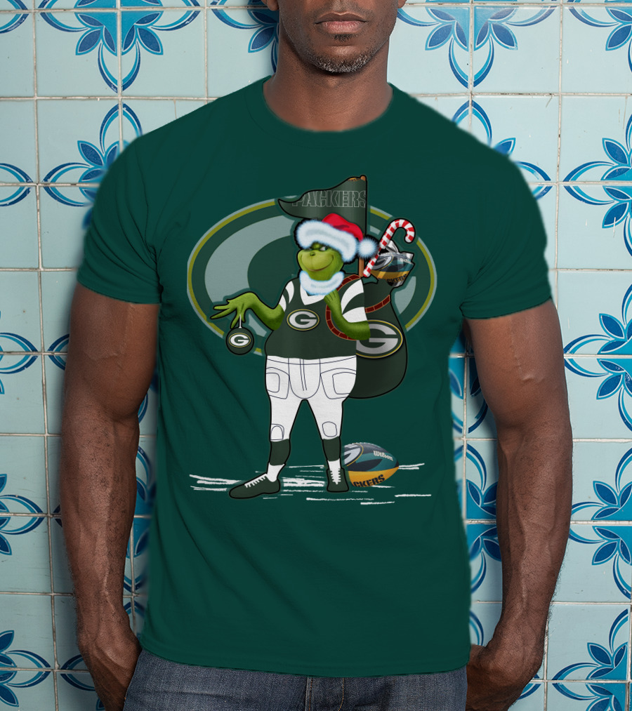 Grinch Green Bay Packers Christmas Santa Hat Football Candy Cane T-Shirt
