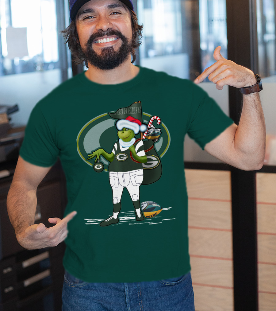 Grinch Green Bay Packers Christmas Santa Hat Football Candy Cane T-Shirt