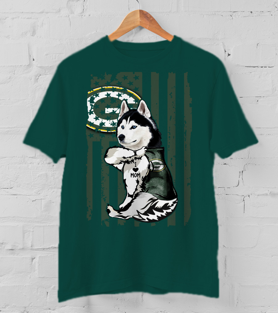 Siberian Husky Green Bay Packers Mom Fan With Heart Tattoo And Team T-Shirt