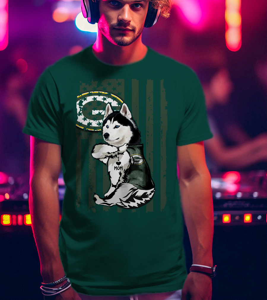 Siberian Husky Green Bay Packers Mom Fan With Heart Tattoo And Team T-Shirt
