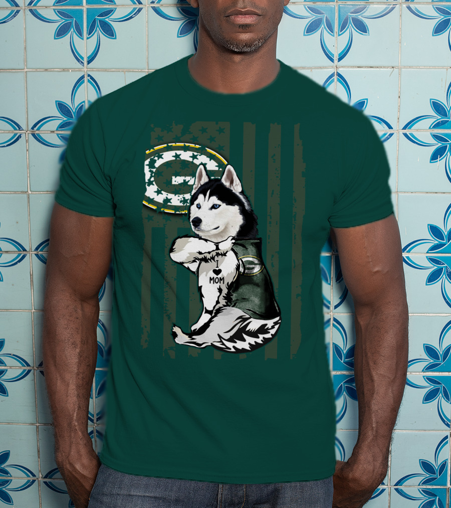 Siberian Husky Green Bay Packers Mom Fan With Heart Tattoo And Team T-Shirt