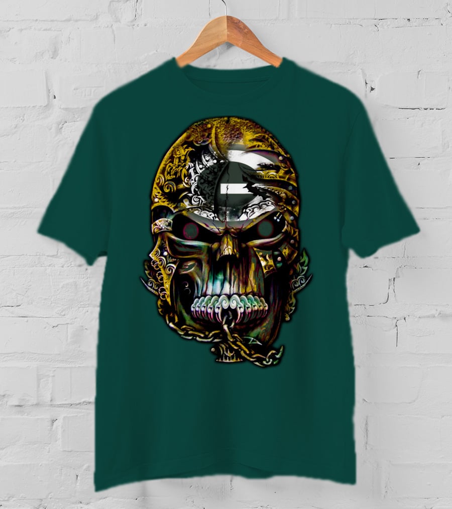 Green Bay Packers 82 Skull Art With Chain Motif T-Shirt