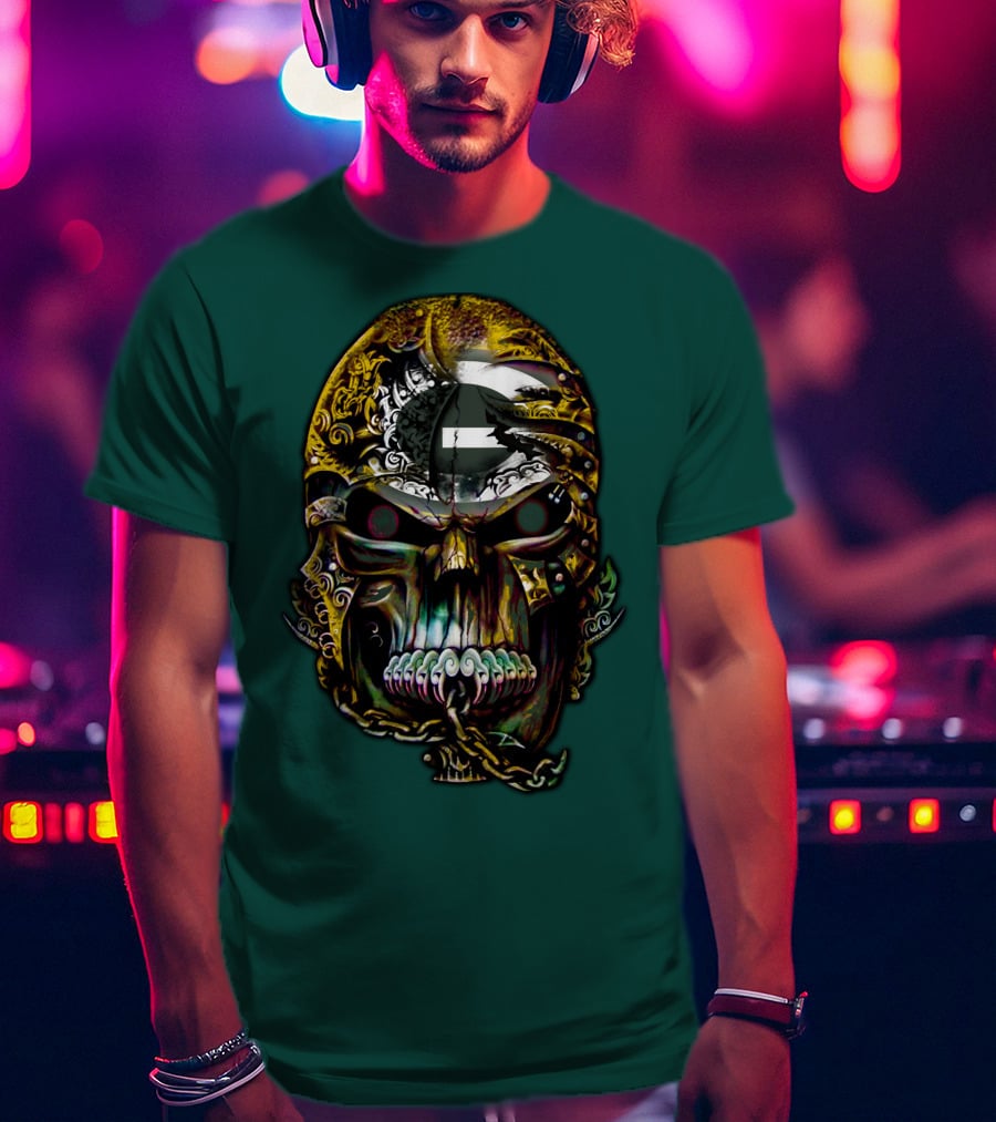 Green Bay Packers 82 Skull Art With Chain Motif T-Shirt