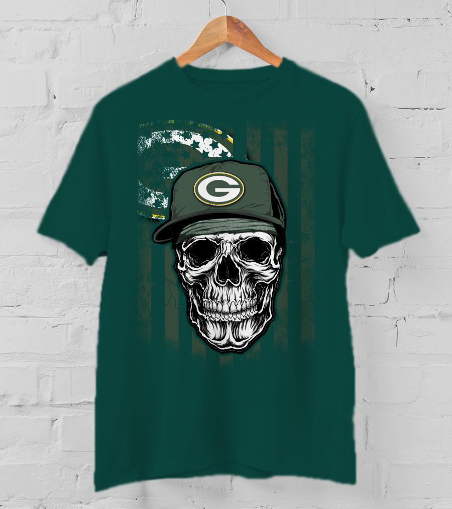 Skull Wearing Green Bay Packers Cap On Flag Background T-Shirt