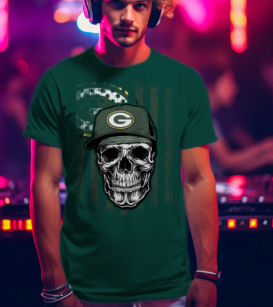 Skull Wearing Green Bay Packers Cap On Flag Background T-Shirt