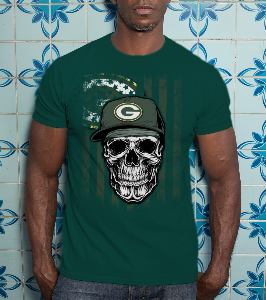 Skull Wearing Green Bay Packers Cap On Flag Background T-Shirt