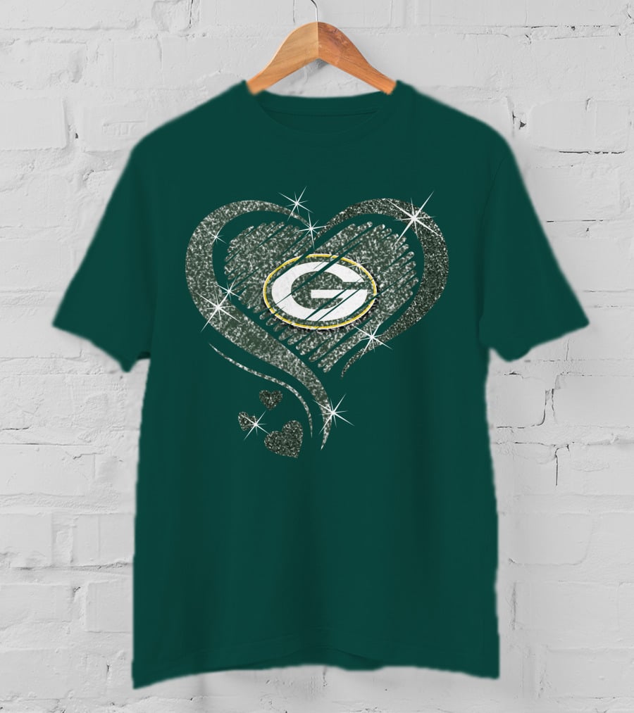Green Bay Packers Heart Diamond Sparkle T-Shirt