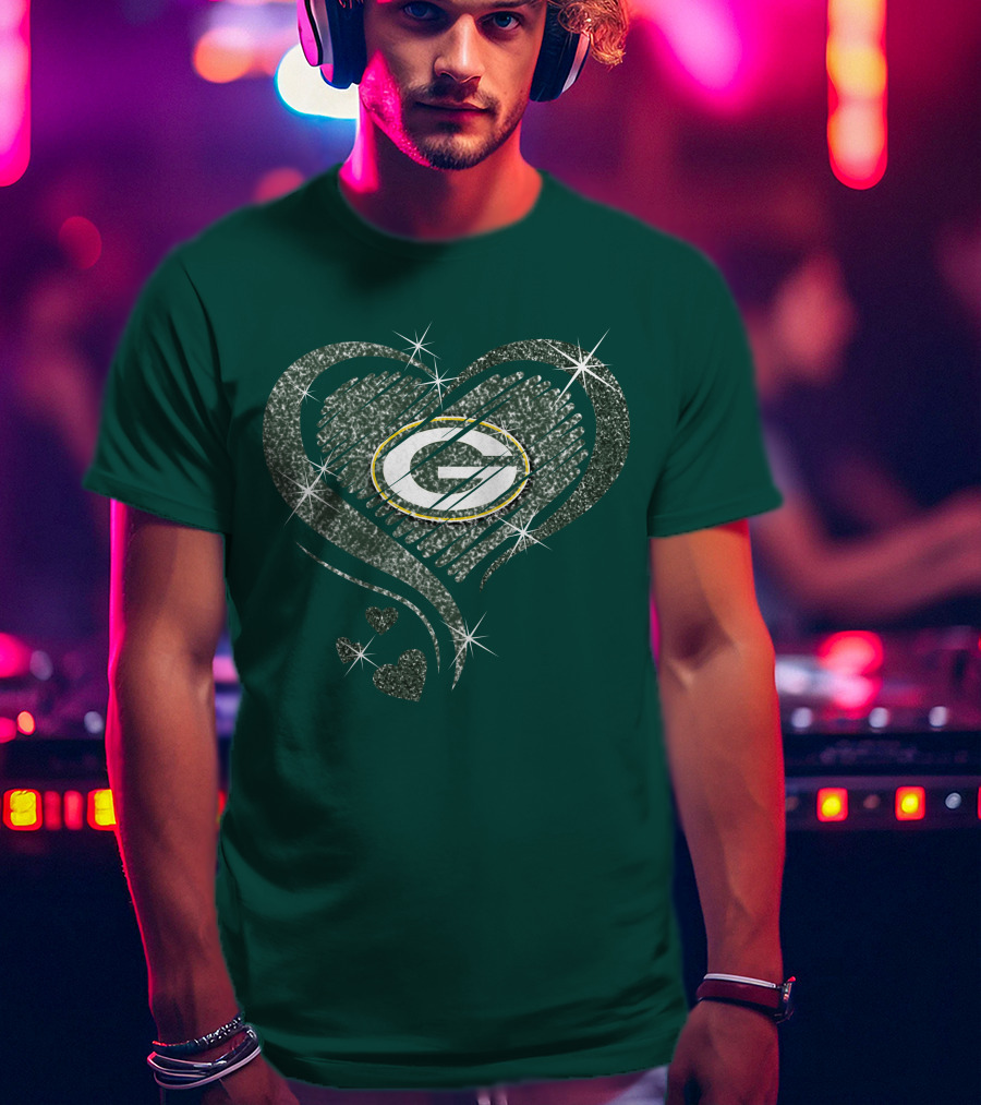 Green Bay Packers Heart Diamond Sparkle T-Shirt
