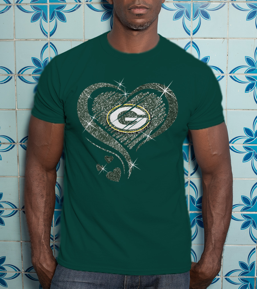 Green Bay Packers Heart Diamond Sparkle T-Shirt