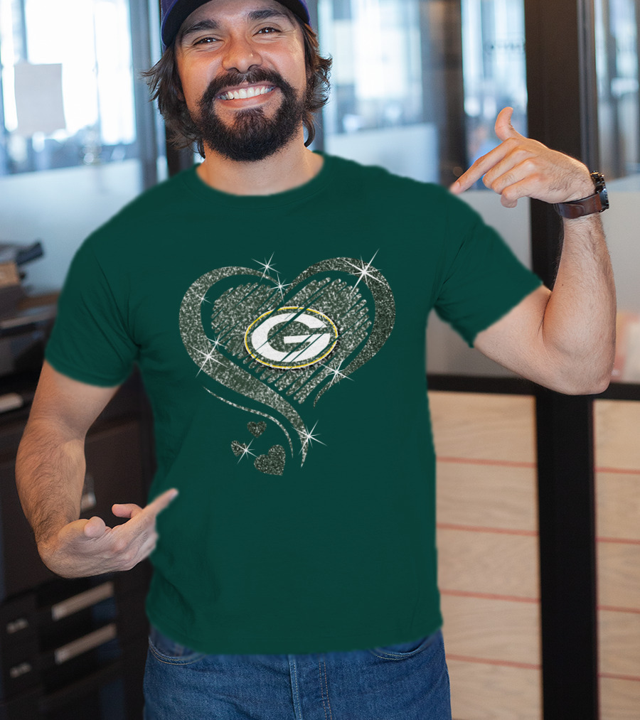 Green Bay Packers Heart Diamond Sparkle T-Shirt