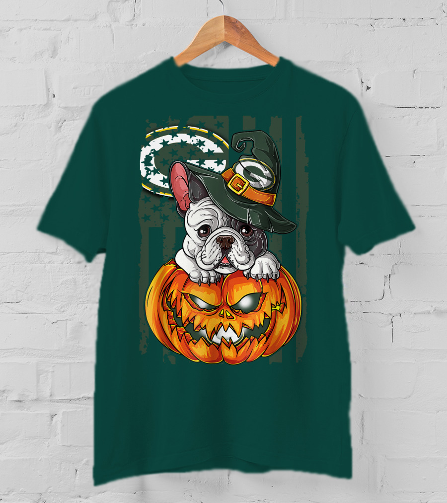 Hlw Bulldog Halloween Witch Green Bay Packers Pumpkin T-Shirt