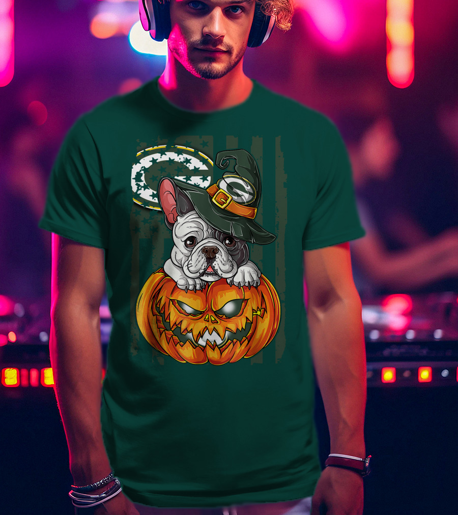 Hlw Bulldog Halloween Witch Green Bay Packers Pumpkin T-Shirt