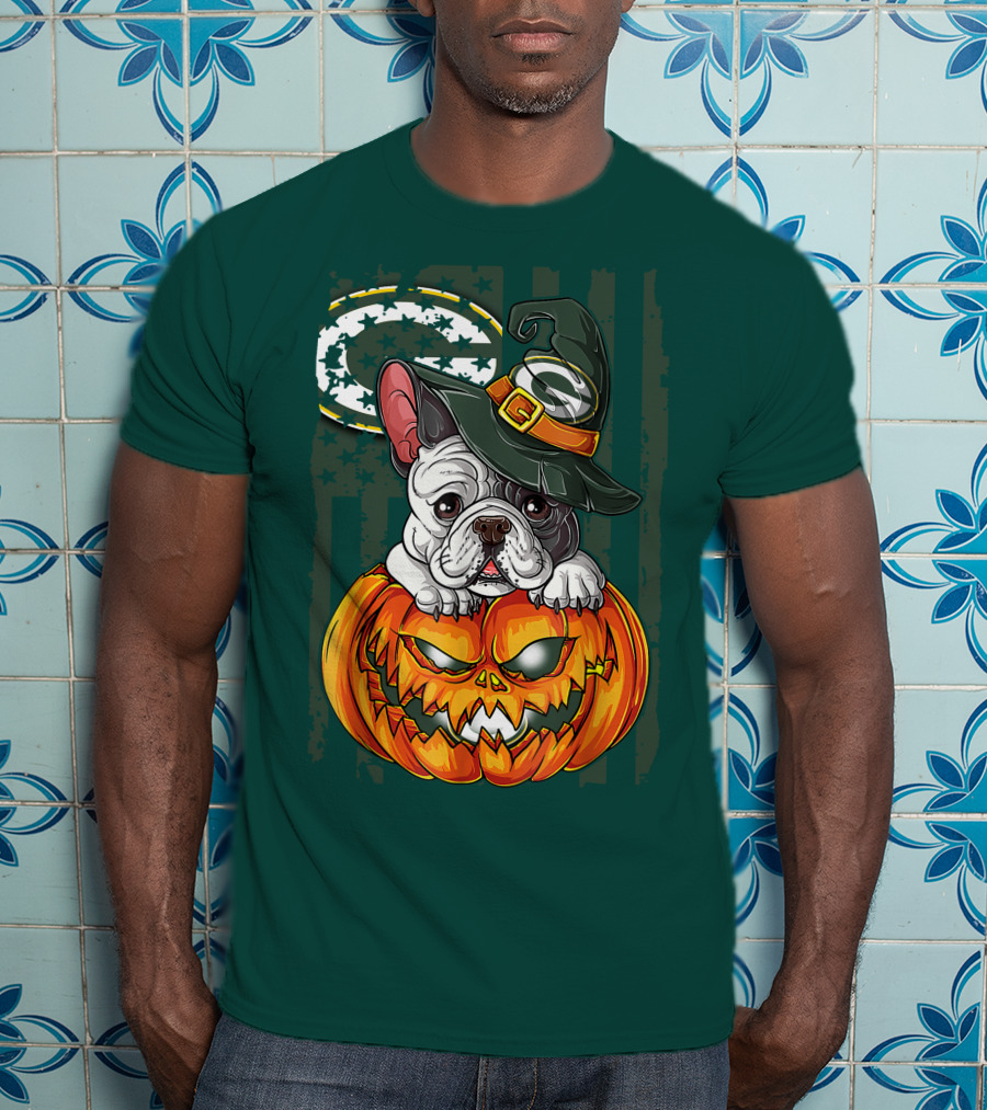 Hlw Bulldog Halloween Witch Green Bay Packers Pumpkin T-Shirt