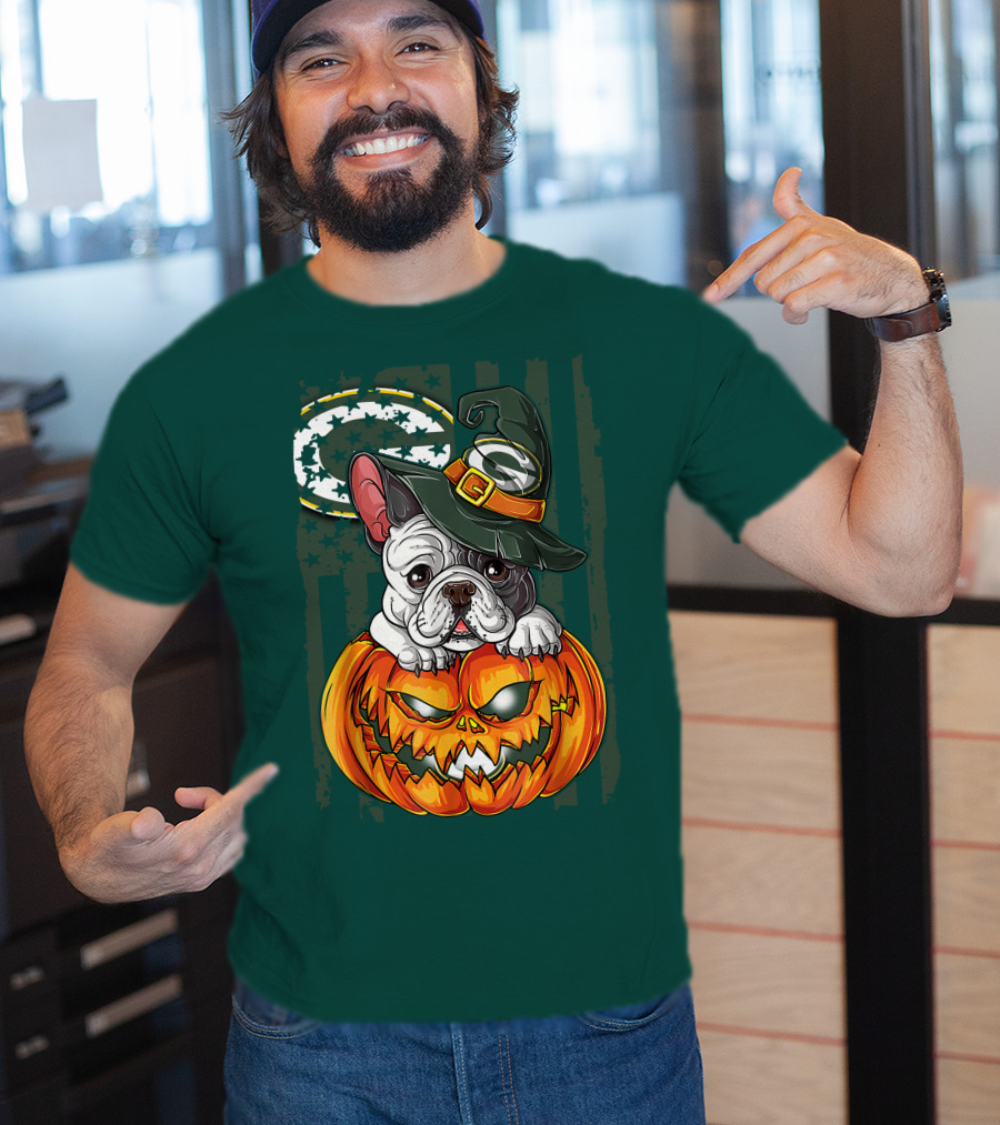Hlw Bulldog Halloween Witch Green Bay Packers Pumpkin T-Shirt
