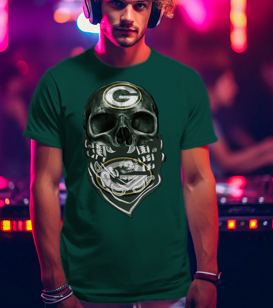 Skull Wearing Green Bay Packers Bandana T-Shirt
