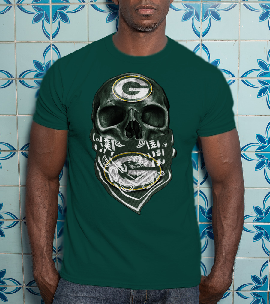 Skull Wearing Green Bay Packers Bandana T-Shirt