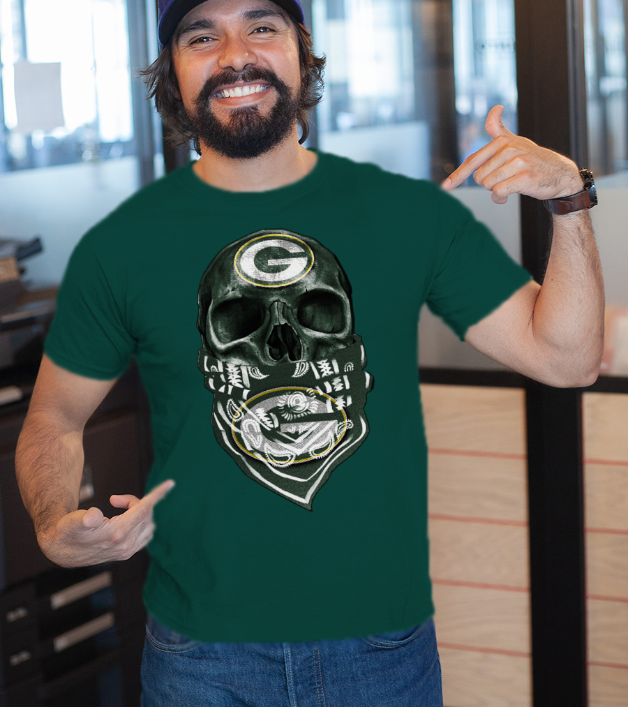 Skull Wearing Green Bay Packers Bandana T-Shirt