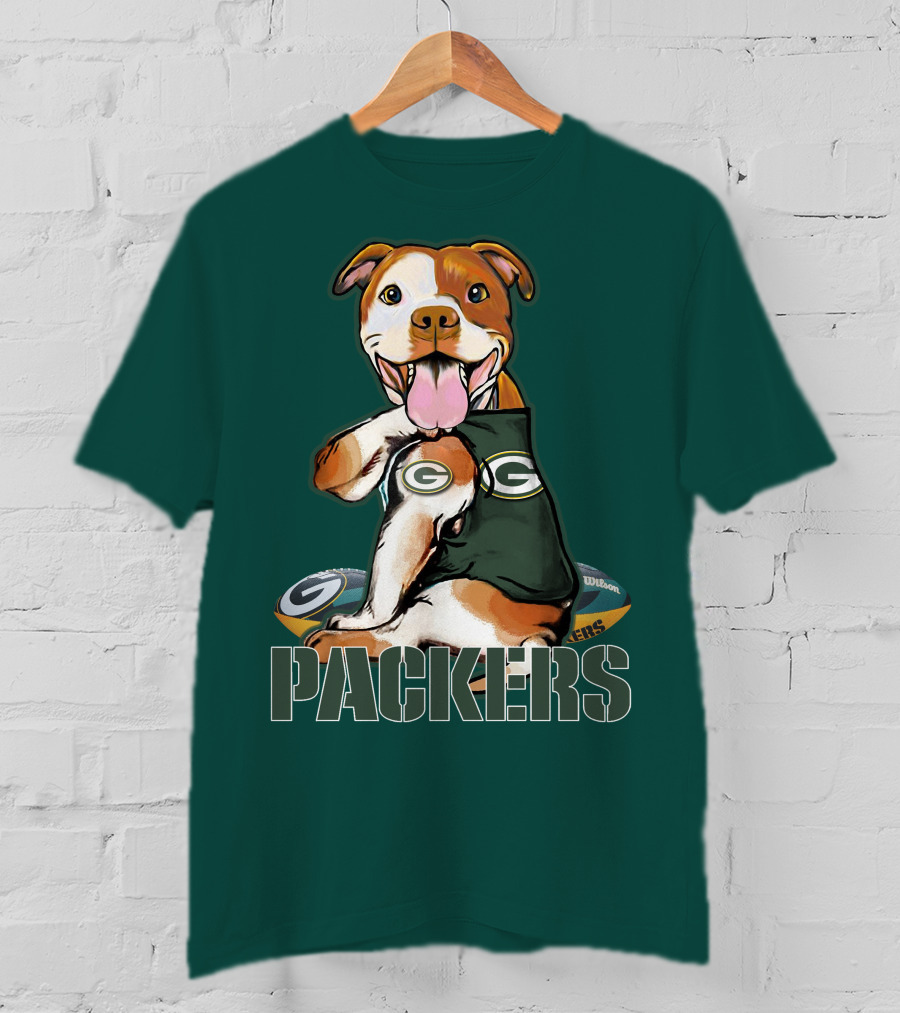 Pitbull Dog In Green Bay Packers Jersey With Football T-Shirt