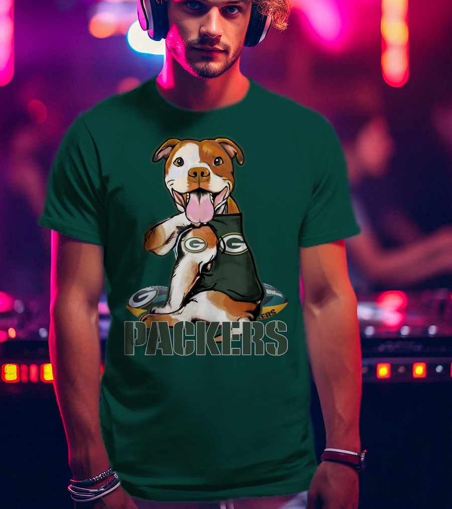 Pitbull Dog In Green Bay Packers Jersey With Football T-Shirt