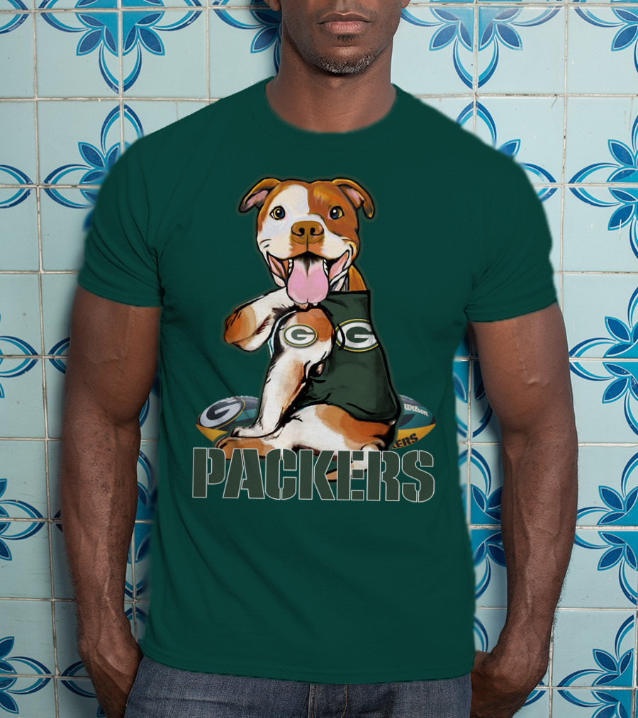 Pitbull Dog In Green Bay Packers Jersey With Football T-Shirt
