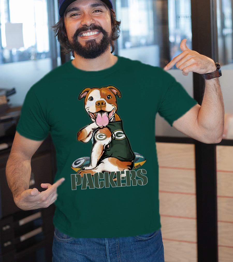 Pitbull Dog In Green Bay Packers Jersey With Football T-Shirt
