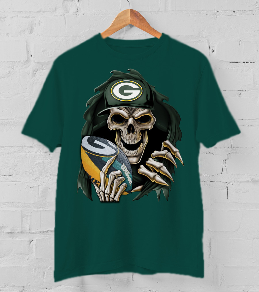 Skull With Green Bay Packers Cap Holding Football On Dark Green T-Shirt